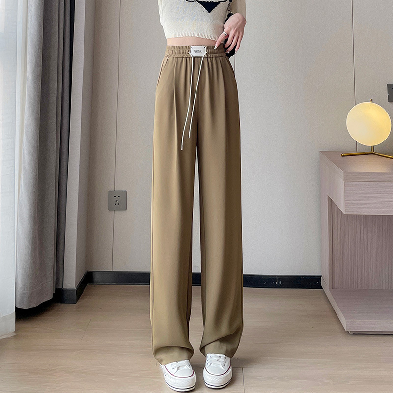 Drawstring Narrow Wide-Leg Pants Women's Summer Thin 2023 New High Waist Drooping Mop Ice Silk Suit Straight Pants