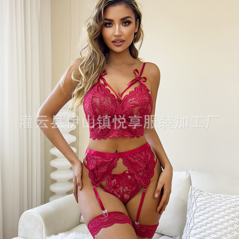 Foreign Trade European and American New Sexy Lingerie Amazon Sexy Transparent Lace Multi-Color Split Temptation Suit Wholesale