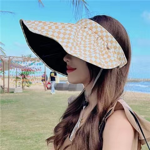 New Black Rubber Cap Plaid UV Protection Hat Female Summer All-Match Soft Beach Hat Sun Protection Hat Wholesale