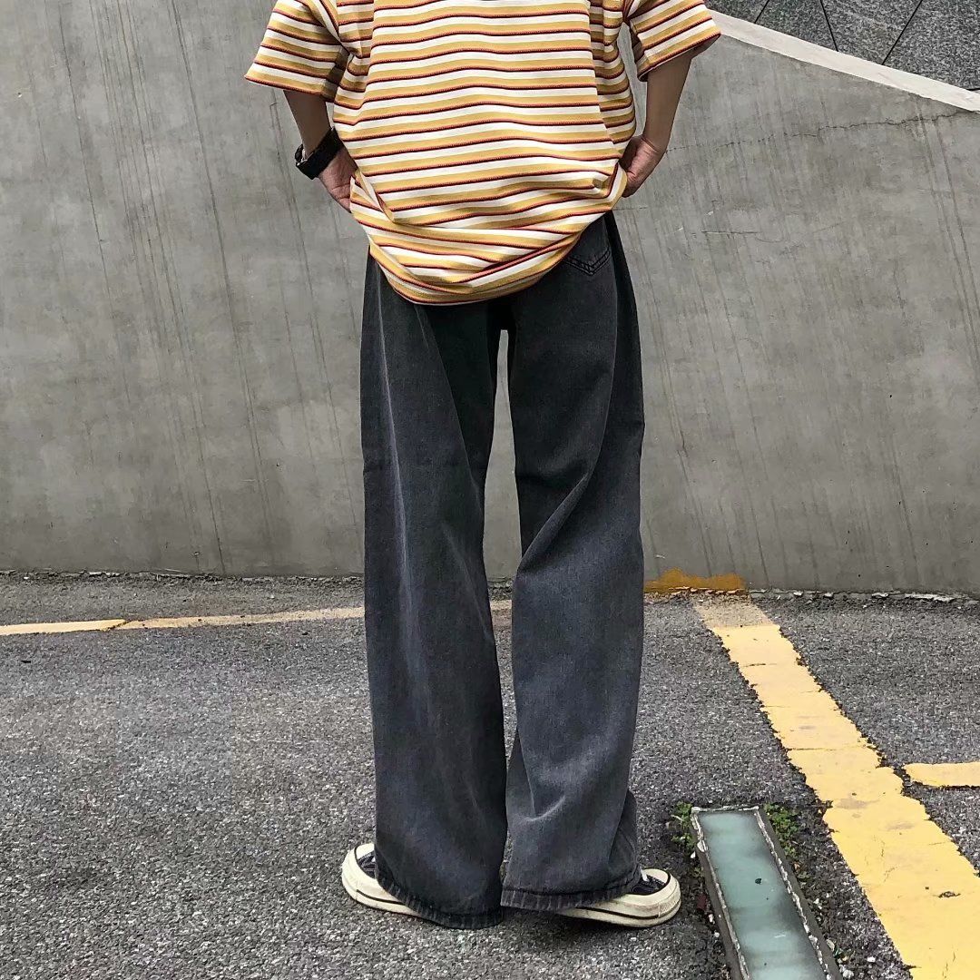 烟灰色高街拖地牛仔裤男夏季薄款裤子直筒宽松潮牌休闲长裤