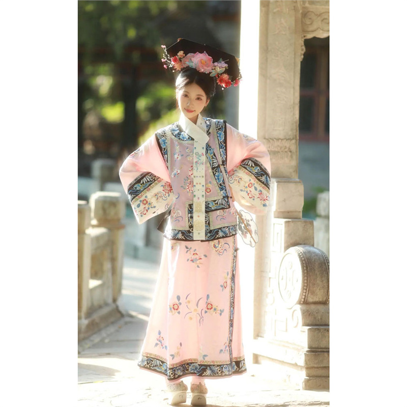 古风清代女装旗装清朝格格服装彩马甲宽松旗袍小宫装连衣裙套装女