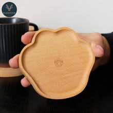 日式榉木小熊掌造型卡通杯垫木质小碟子咖啡杯隔热垫点心盘茶杯托
