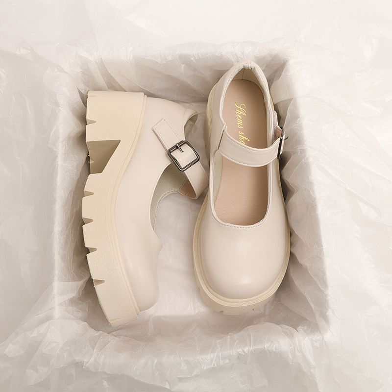 白色小皮鞋女夏季薄款高跟jk小众圆头厚底乐福鞋法式复古玛丽珍鞋