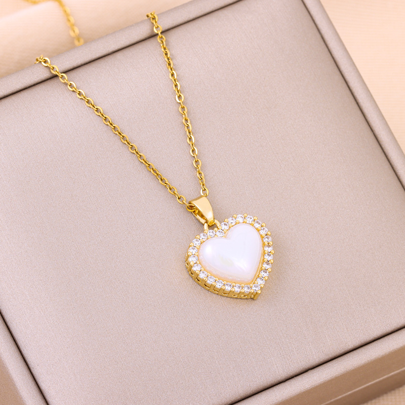 直播热销人鱼姬珍珠爱心不锈钢项链女气质轻奢微镶女生桃心锁骨链