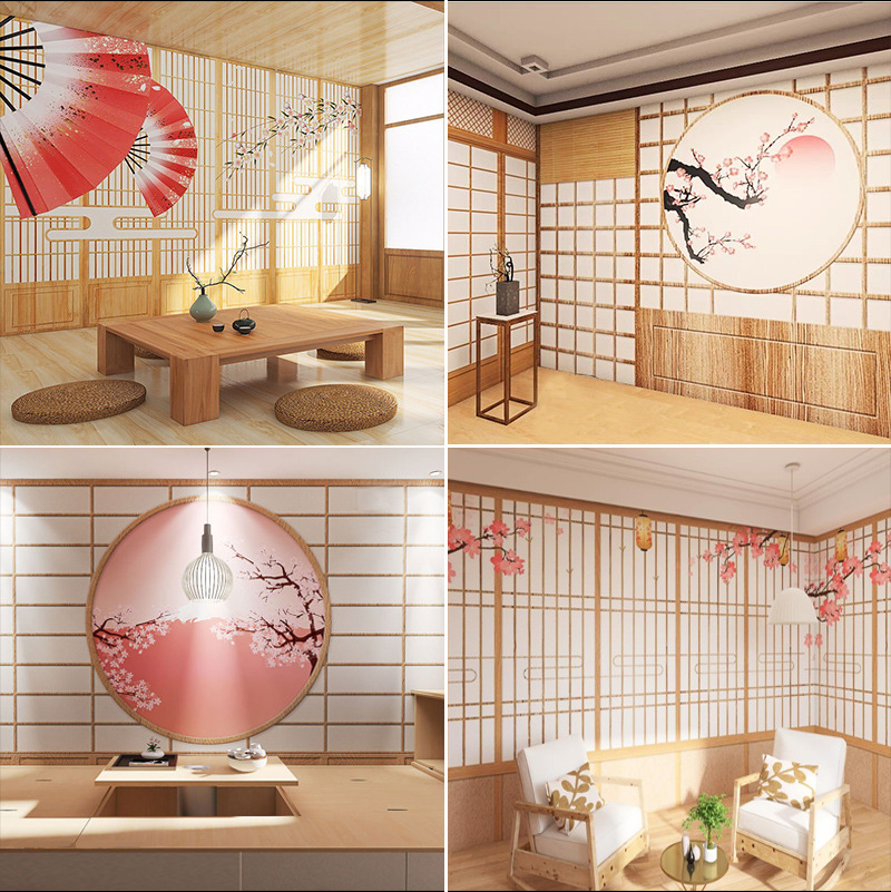日式和风仿真木门墙纸榻榻米屏风壁纸剧本杀浮世绘壁画装饰背景墙