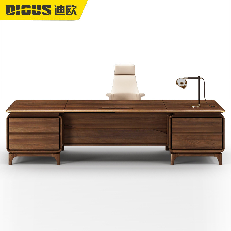 迪欧新中式老板桌总裁桌实木皮大班台时尚大气胡桃木办公桌椅组合