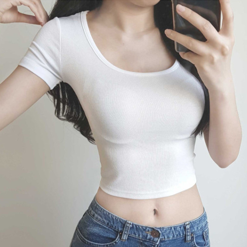 大u领短款紧身显瘦短袖t恤女显胸显身材露脐上衣女性感韩版夏