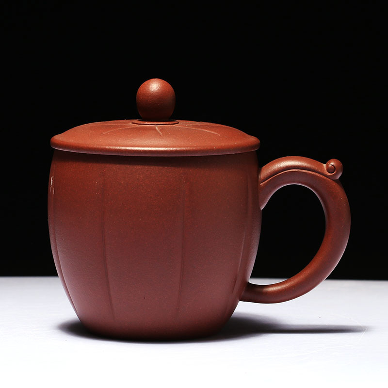 茗玥堂紫砂杯宜兴市纯手工青水泥菊花杯盖杯350ml 手工茶杯带盖