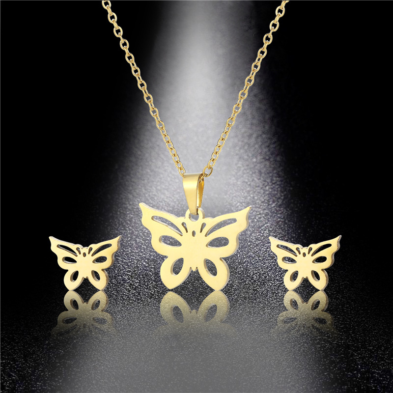 Mexico Fashion Butterfly Necklace and Earrings Suite Butterfly Clavicle Chain Gold-Plated Stainless Steel Three-Piece Set Cross-Border Supply