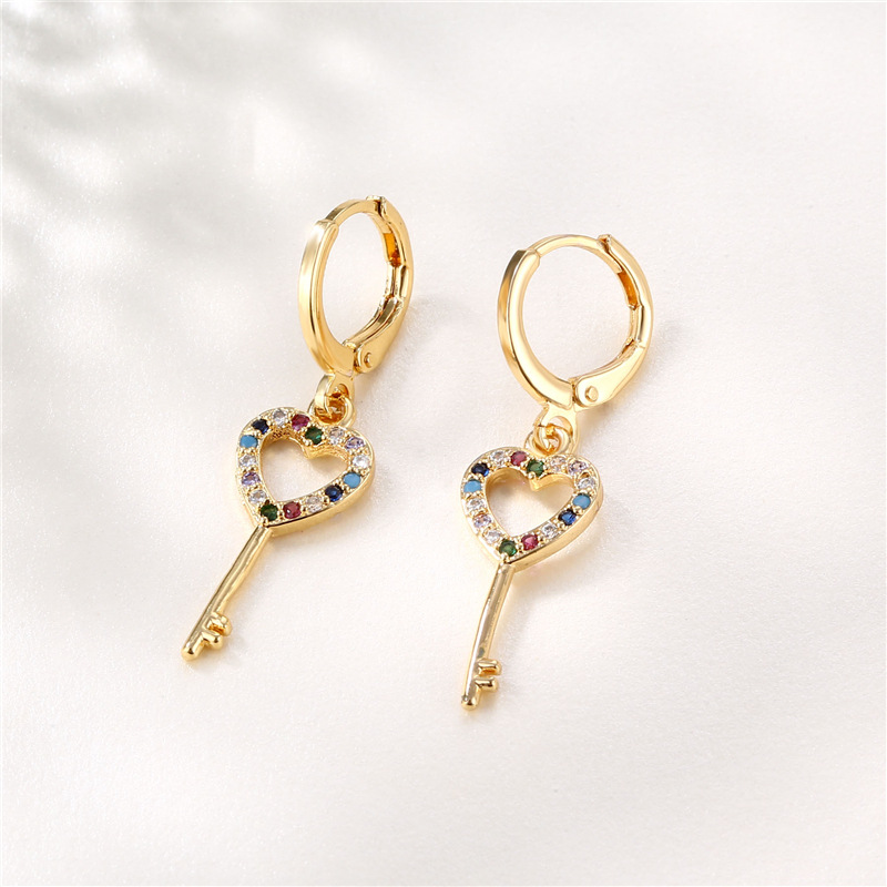 Wish Cross-Border Supply Ornament Copper Color Zircon Heart-Shaped Key Earrings Female Mixed Color Diamond Earrings Eardrops