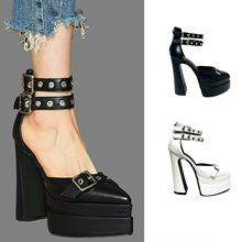 新款黑白色铆钉皮带扣15cm双防水台一字带时装女鞋欧美外贸heels