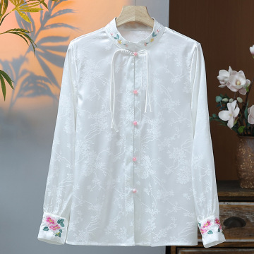 真丝国风上衣香云纱刺绣提花衬衫女流苏复古盘扣绣花立领长袖衬衣