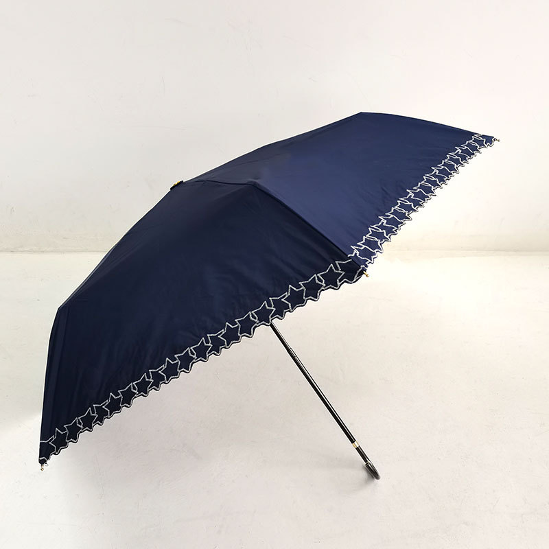 日本超轻uv花朵刺绣遮阳紫外线弯钩黑胶防晒降温铝合金三折晴雨伞