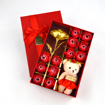 跨境货源12朵香皂花小熊礼品盒 24k玫瑰金箔花礼盒情人节礼物