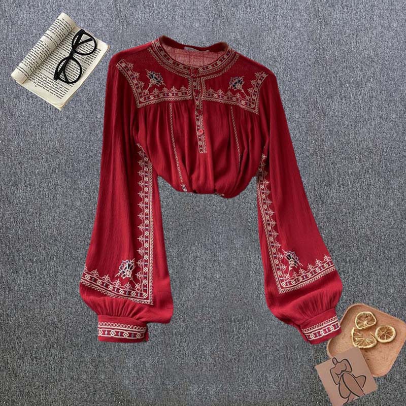 宫廷风重工刺绣立领排扣宽松雪纺上衣女设计感小众感气质衬衫