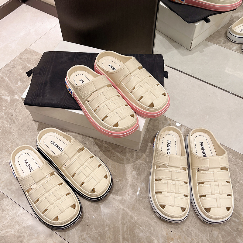 轻便洞洞鞋女外穿2024春夏新款网红包头半拖鞋户外沙滩软底凉拖鞋