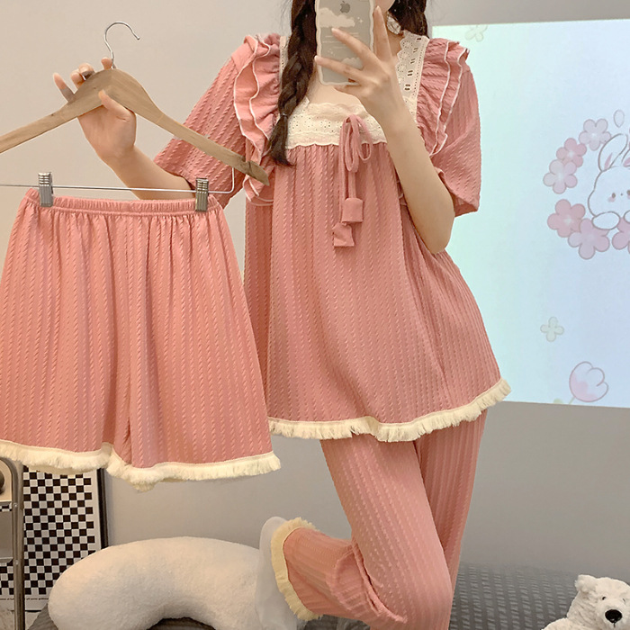 Pajamas Women's Spring and Summer New 6535 Cotton Short-Sleeved Trousers Three-Piece Suit plus-Sized plus Size Plump Girls Homewear Can Be Worn outside