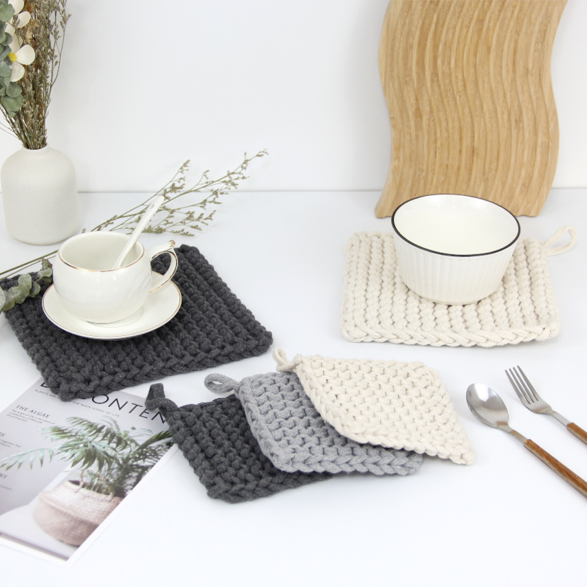 Hand-Woven Coaster Plain Cotton String Thick Square Heat Proof Mat Teacup Mat Simple Thick Absorbent Placemat