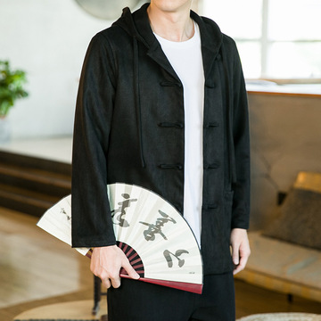 380克重磅鹿皮绒唐装男中国风盘扣汉服复古连帽夹克外套c0505120