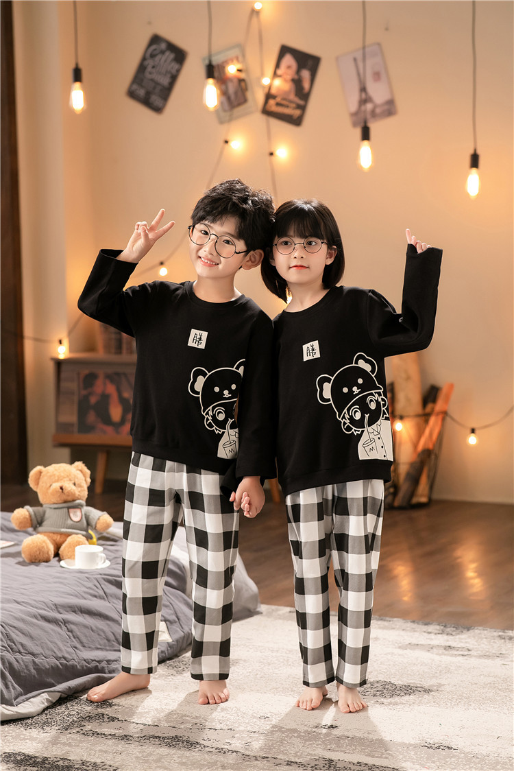 Couple Pajamas Spring and Autumn a Family of Three Pure Cotton Long-Sleeved Medium and Big Children Boys and Children Parent-Child Pajamas Homewear Suit