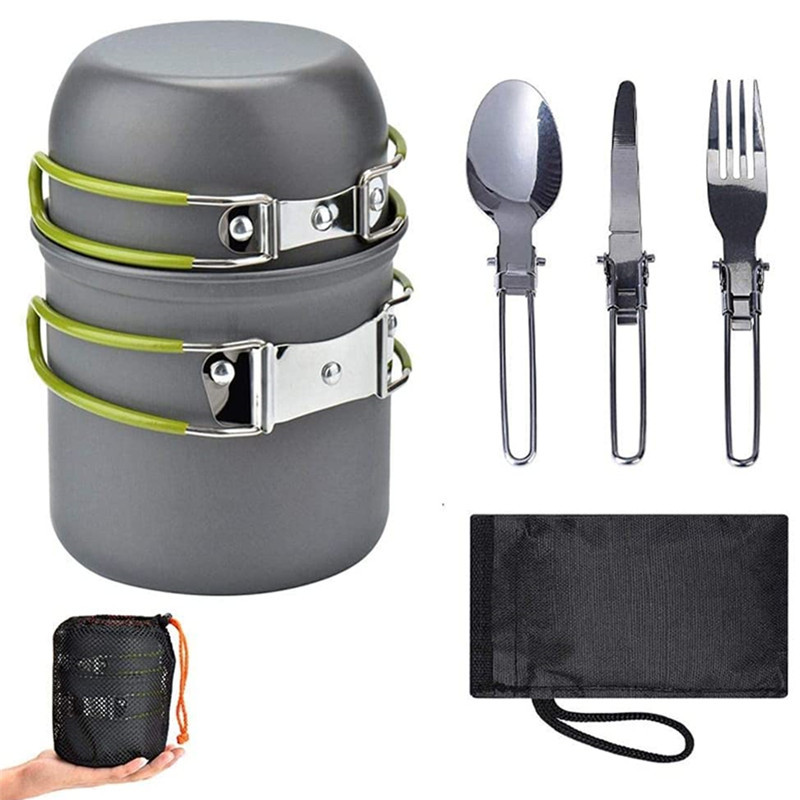 Camping Pot Outdoor Jacketed Kettle 1-2 Person Portable Camping Cookware Knife, Fork and Spoon Tableware