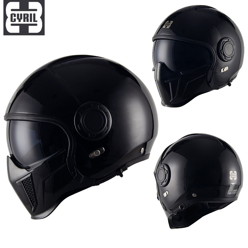 cyril复古头盔秋冬黑武士哈雷半盔组合盔摩托车全盔男机车3c认证