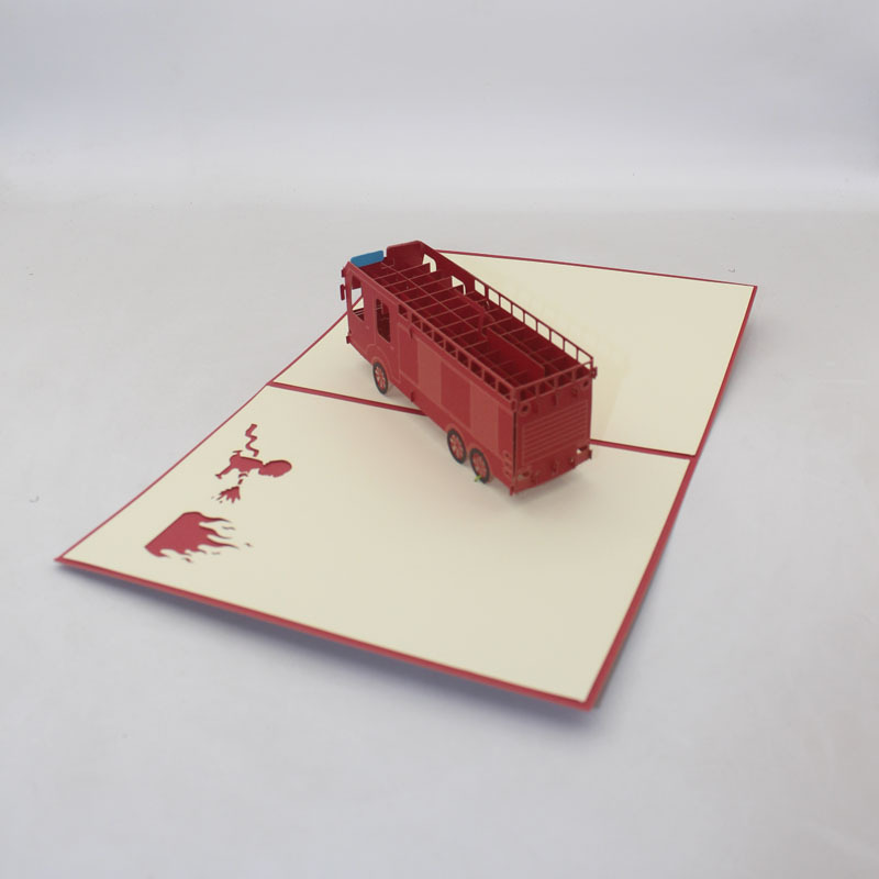 消防车3d立体贺卡剪纸雕刻纸质工艺品镂空生日礼物摆件祝福印刷