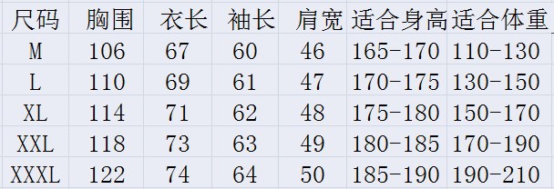 夹克尺码表