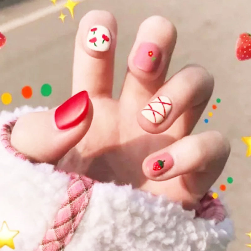 穿戴甲美甲草莓少女花网红指甲贴片美甲贴片穿戴美甲成品指甲甲片