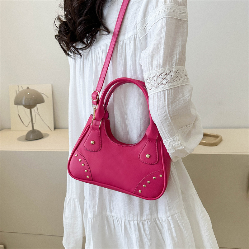 Retro Solid Color New Moon Bag Underarm Bag Rivet Crescent Fashion All-Match Portable Shoulder Messenger Bag for Women