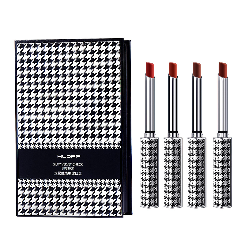 Valentine's Day Small Tube Plaid Four-Color Lipstick Set Box Matte Finish Non-Fading Houndstooth Lipstick Gift Box