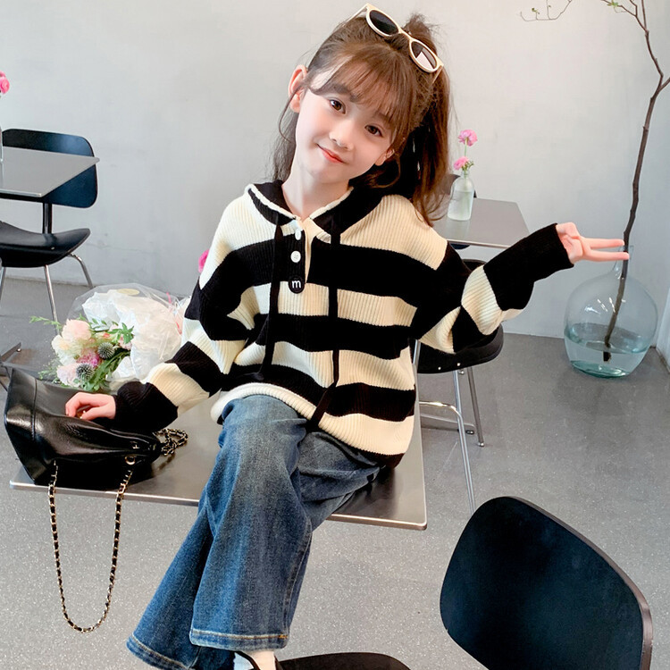 女童春装毛衣2024新款洋气儿童女孩春秋连帽衫条纹卫衣针织衫上衣