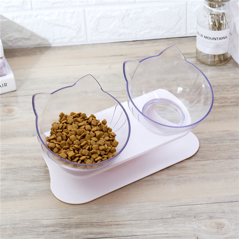 Factory Direct Sales Plastic Non-Slip High Leg Cat Bowl 15 ° Oblique Angle Cat Neck Protection Double Bowl Solid Color Cat Ear Food Basin Wholesale