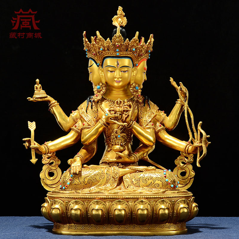 全铜鎏金雕花《尊胜佛母》镶嵌宝石铜像居家室内客厅玄关桌面摆件
