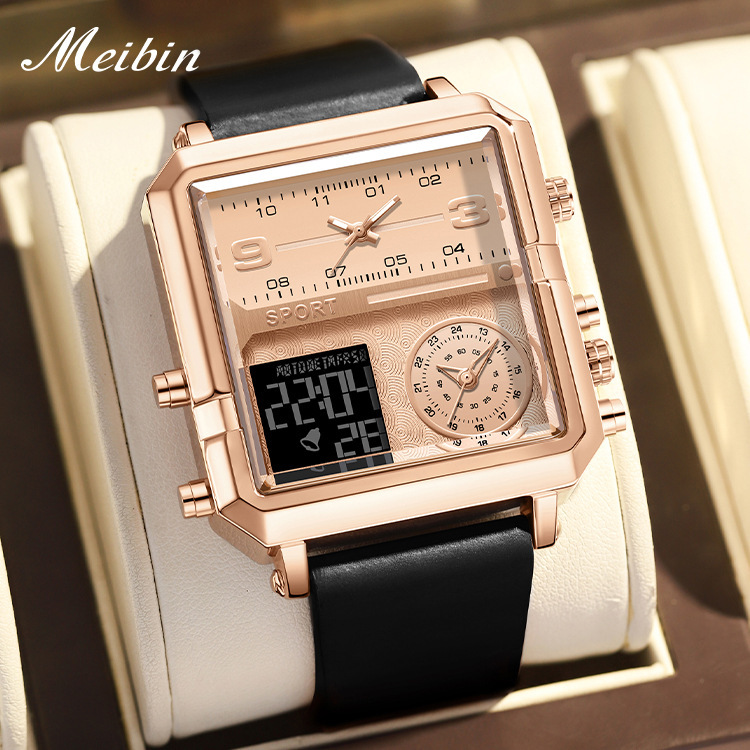 美宾时尚男表lazada跨境方形大表盘休闲霸气三显石英