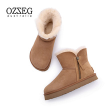 OZZEG澳泽格雪地靴2023新款女冬皮毛一体时尚侧拉链勃肯鞋23DA75