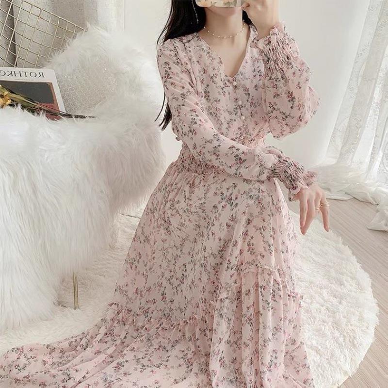 Qingshuxin Women's Floral Skirt Chiffon Dress Long Skirt Women's Spring New Korean Style Fairy Dress Ruffled Large Swing Skirt