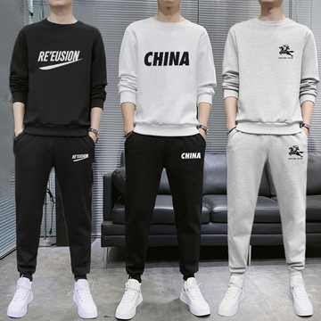 潮牌春秋季套装男士休闲套装薄款圆领卫衣男一套搭配跑步运动服装