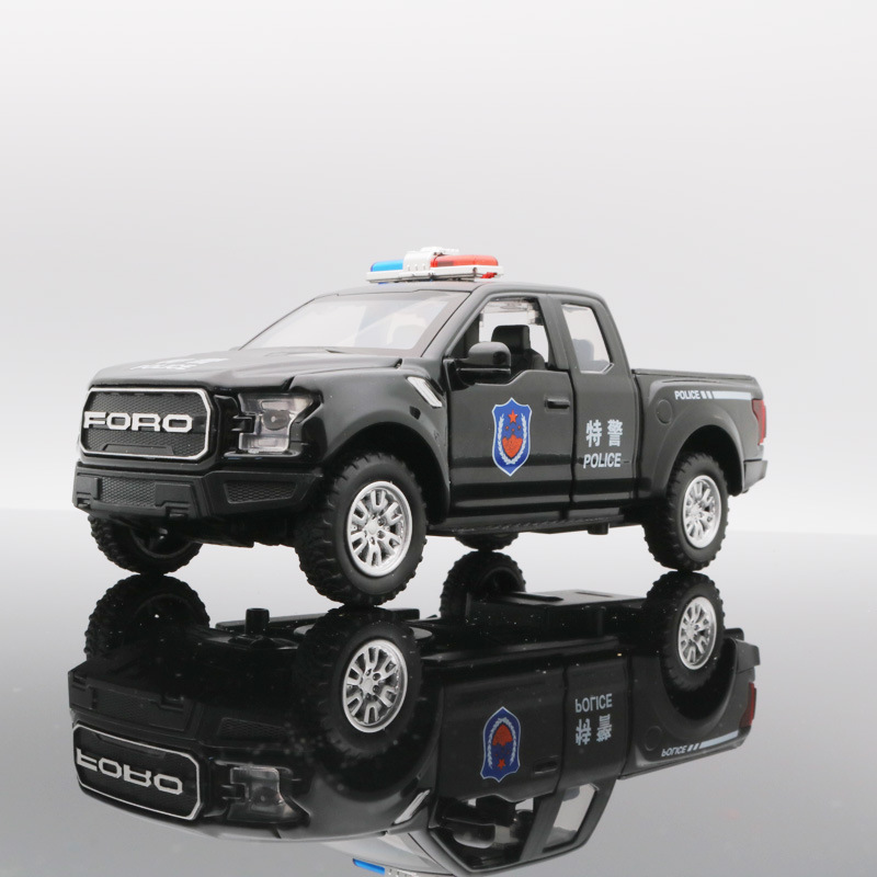 (盒装)1:32仿真福特猛禽f150警车合金汽车模型回力声光玩具车摆件