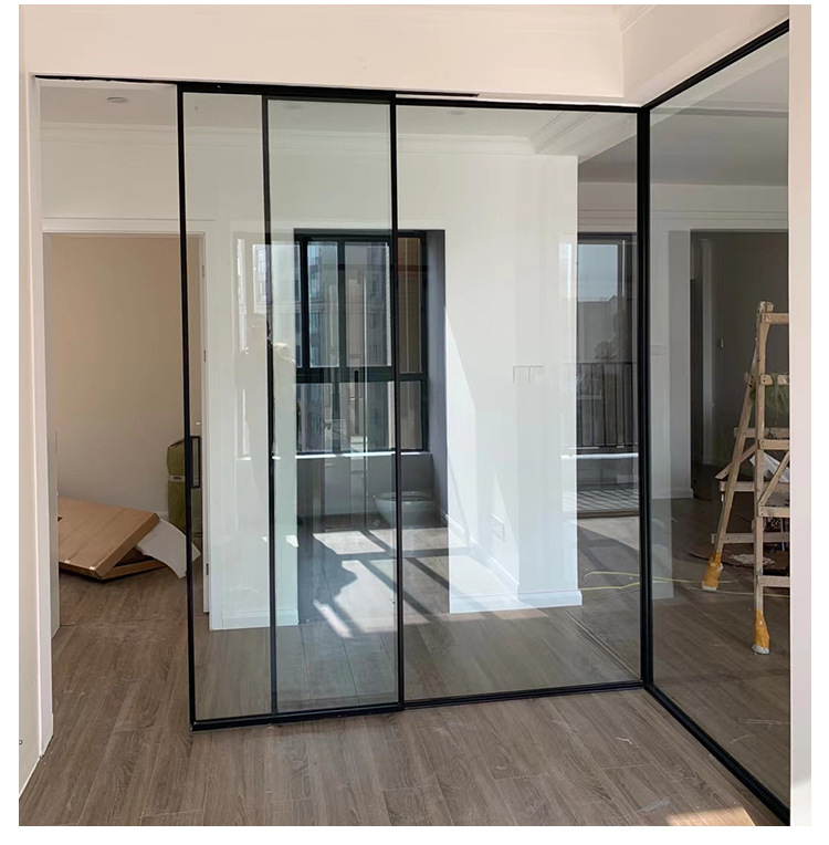 门地轨吊趟三联动门挡风隔热简约极窄边玻璃推拉门移门吊趟门阳台卧室