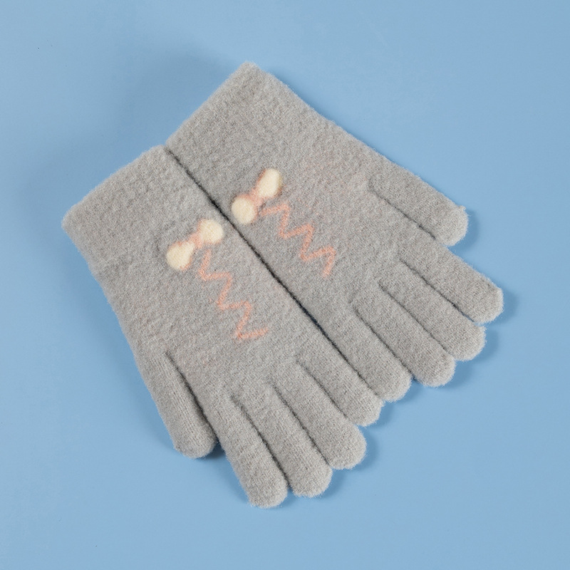 雪花秀女士手套冬季保暖针织提花拼色五指手套玩手机触屏分指手套