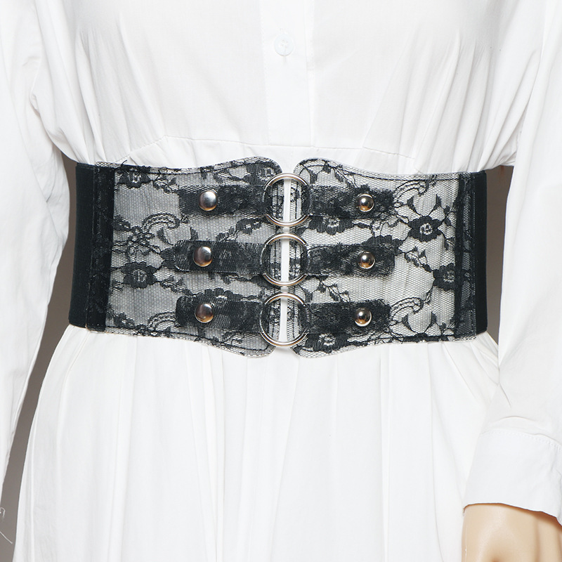 法式鱼骨腰封复古显瘦裙子束腰绑带腰带加宽外搭蕾丝粉色加长排扣