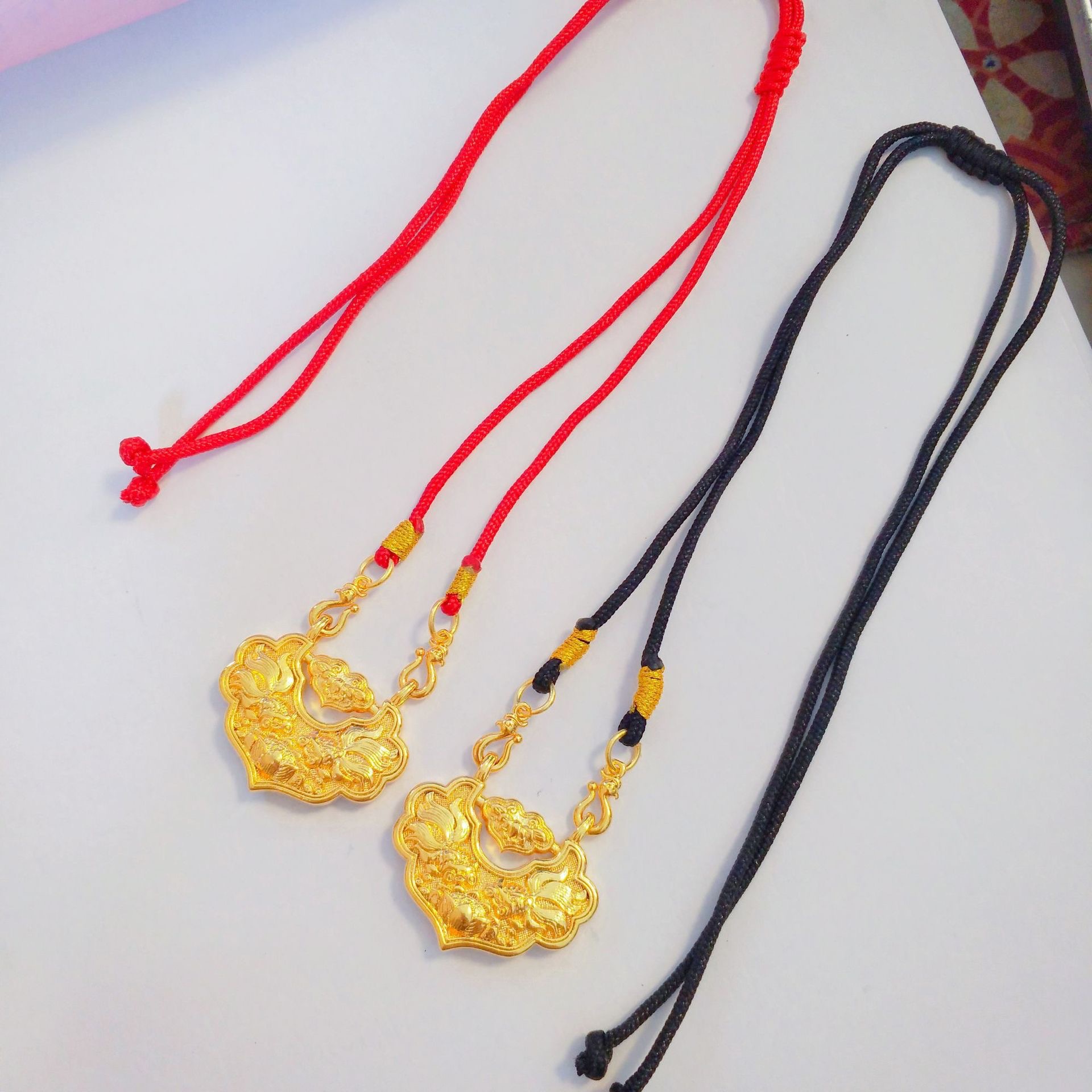 手工编织双耳吊坠挂绳金锁如意锁包黄金色双鱼锦鲤锁编绳项链男女