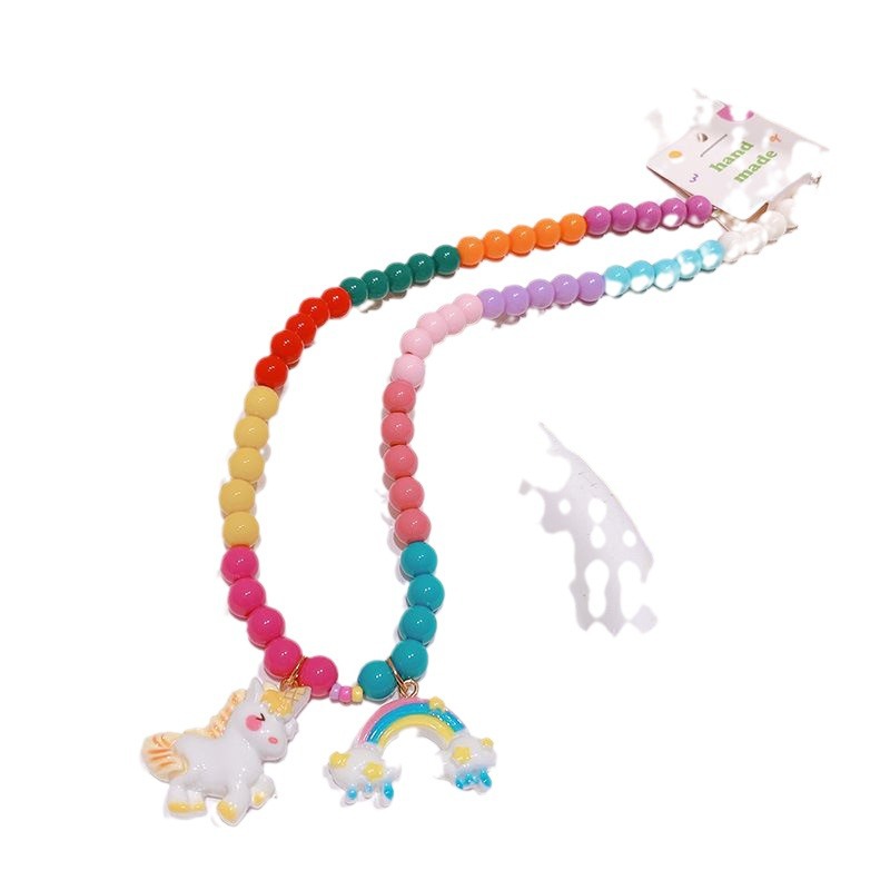 Hd2122a05 Sweet Cool Korean Style Series Rainbow Beaded Unicorn Children's Necklace Niche Creative Clavicle Chain Necklace Female