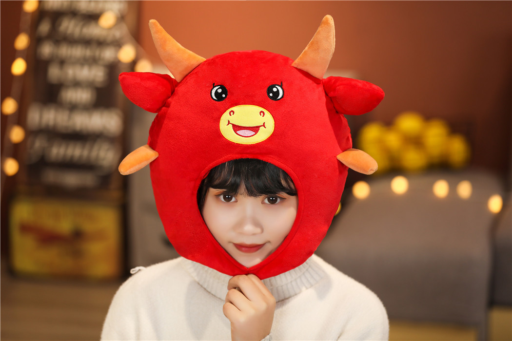 批发 红色福牛头套帽子 拍照道具写真摄影道具卡通牛头套毛绒帽子