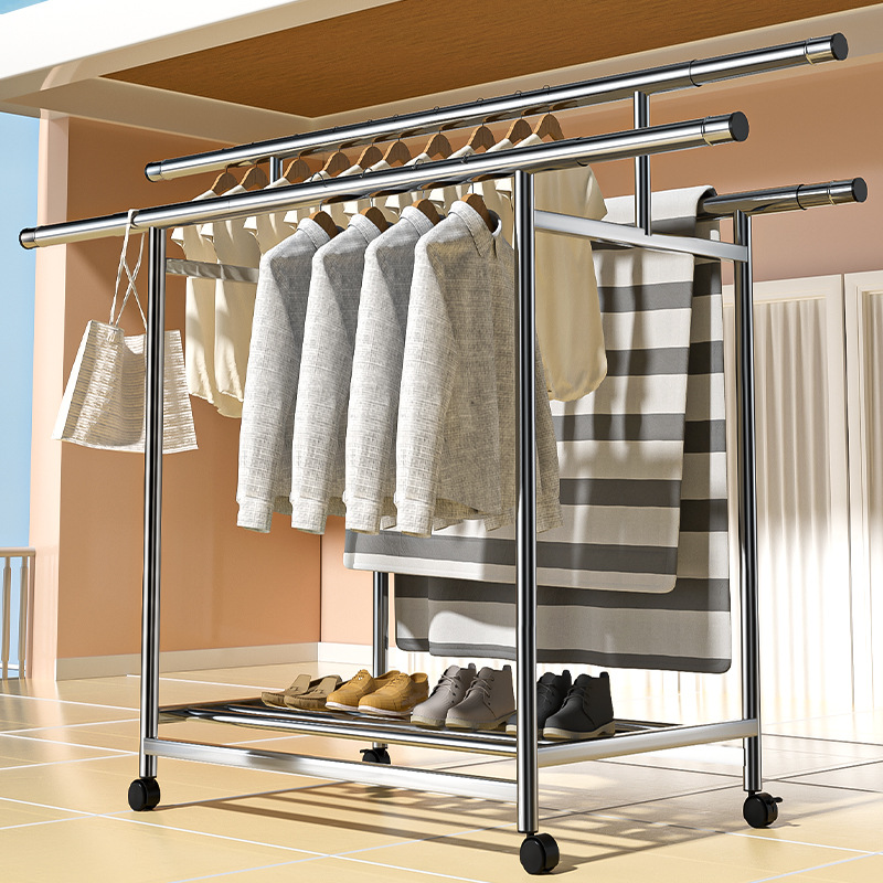 Stainless Steel Clothes Hanger Floor Vertical Clothes Drying Rod Household Three-Pole Bedroom Clothes Hanger Folding Outdoor Balcony