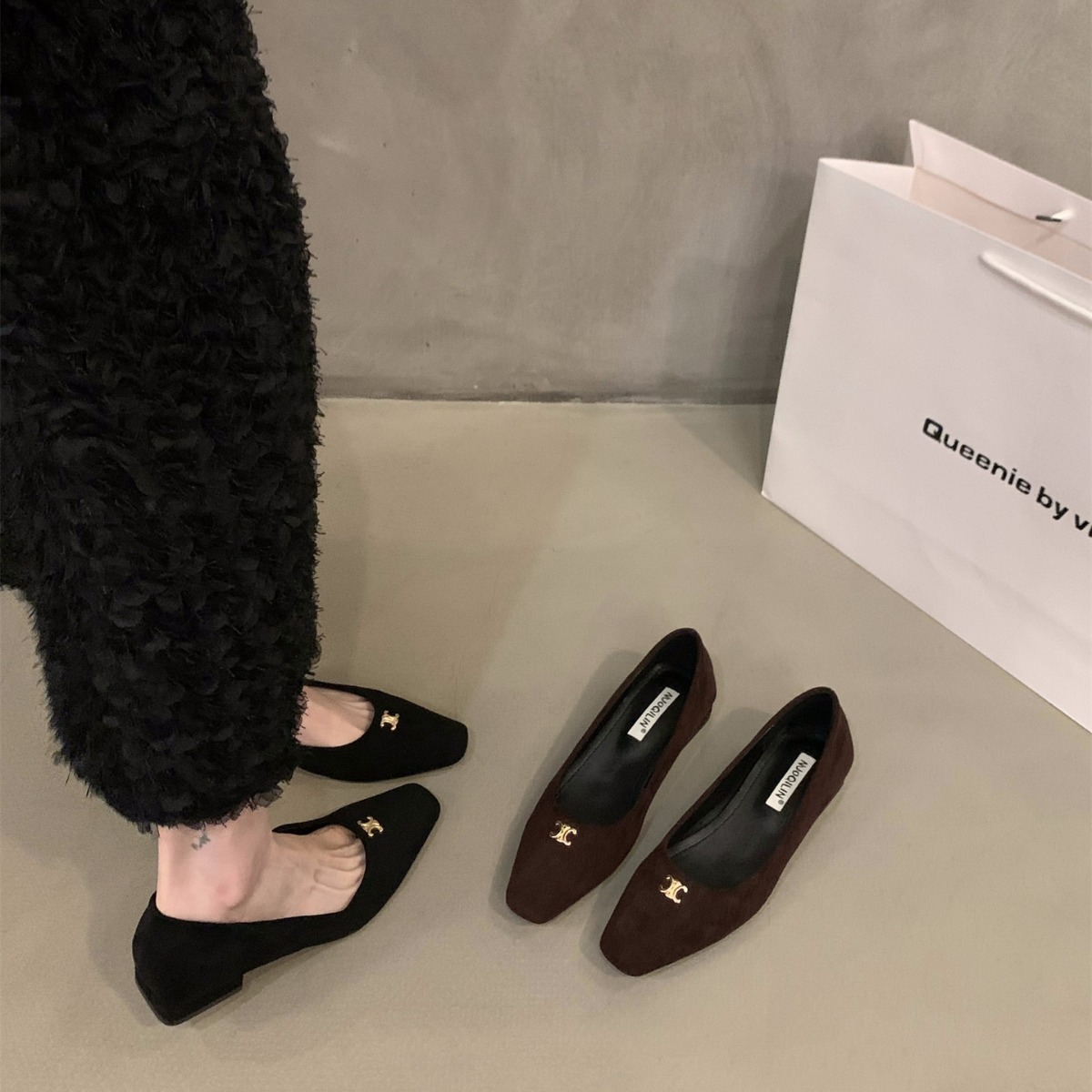 法式粗跟方头绒面单鞋女鞋子2024新款春秋冬小香风黑色通勤工作鞋