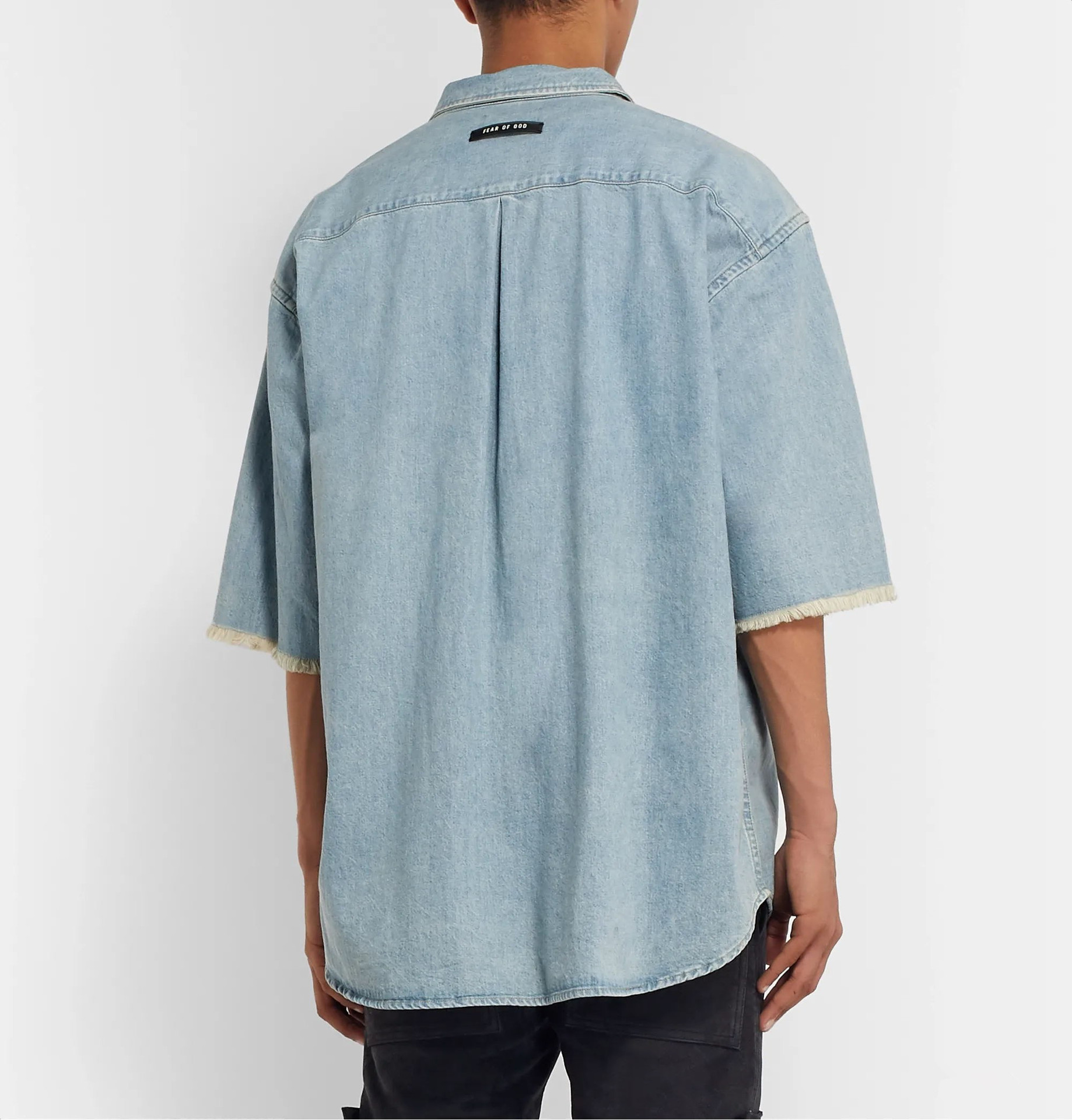 fog fear of god 第六季高街主线宽松磨边水洗复古牛仔短袖衬衫潮