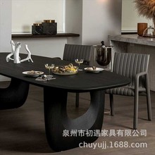 法式复古实木橡木餐桌黑色侘寂风家用客厅长桌中古风餐厅吃饭桌子
