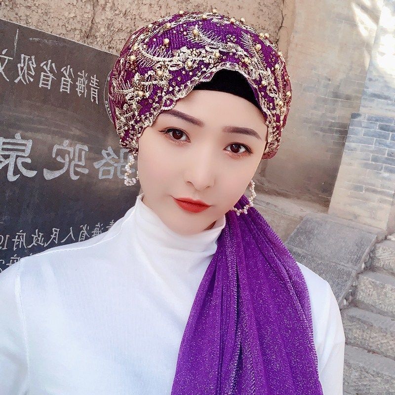 回族头巾新疆帽子绣花烫钻帽回族方便盖头绑巾新疆盖欧洲羽毛绑巾